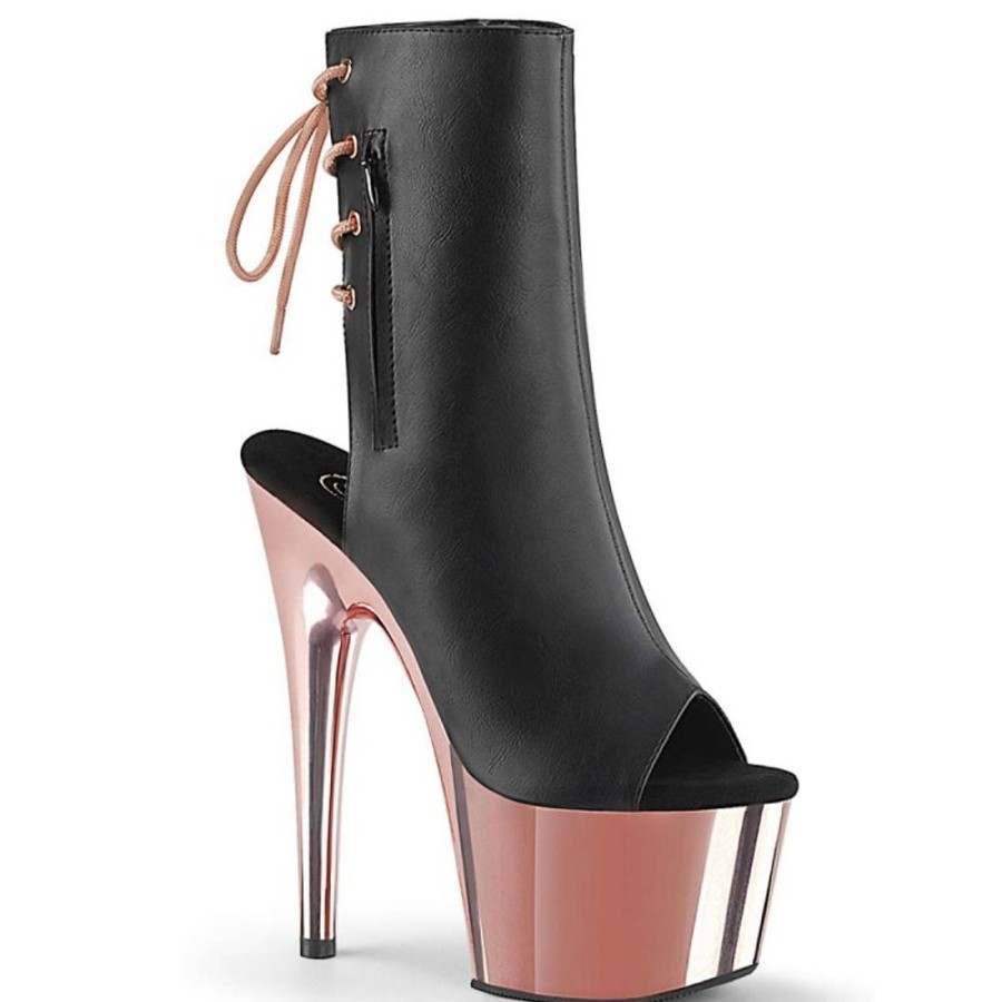 High Heels Pleaser | Pleaser Adore-1018 Black Faux Leather/Rose Gold Chrome