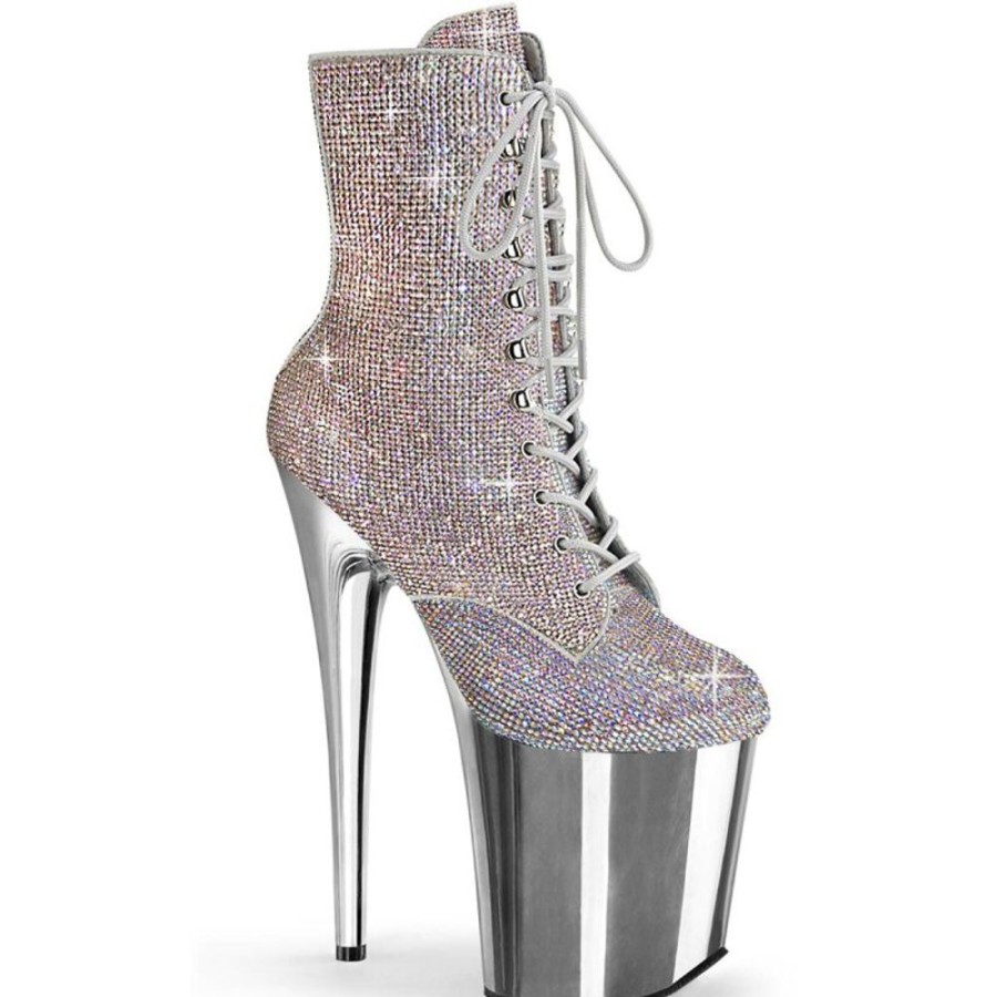 High Heels Pleaser | Pleaser Flamingo-1020Chrs Plateau Ankle Boots Multi Rhinestones Chrome Silver