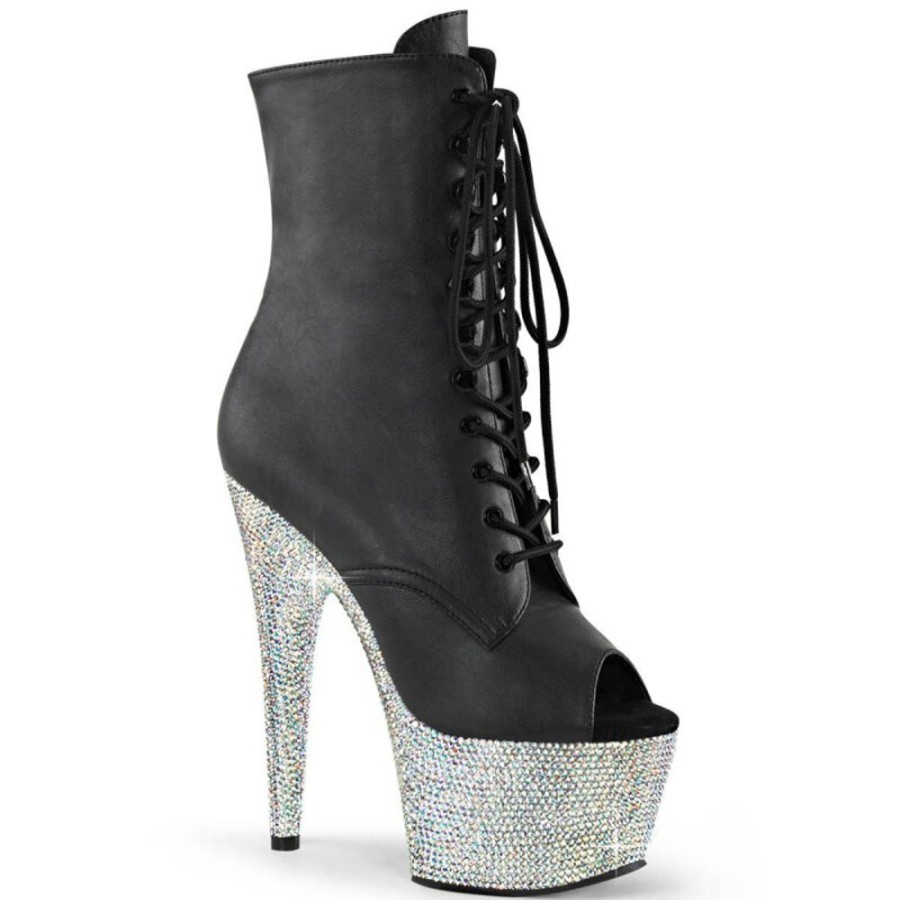 High Heels Pleaser | Pleaser Bejeweled-1021-7 Plateau Ankle Boots Faux Leather Rhinestones Black Silver