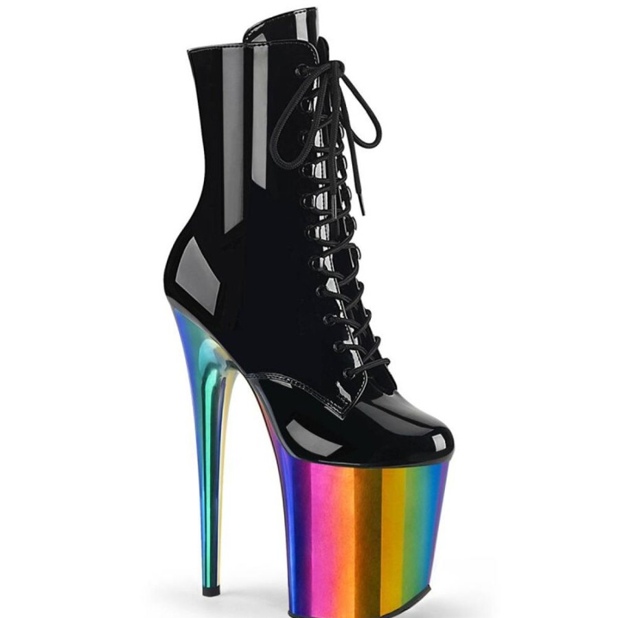 High Heels Pleaser | Pleaser Flamingo-1020Rc Plateau Ankle Boots Patent Chrome Black Colorful