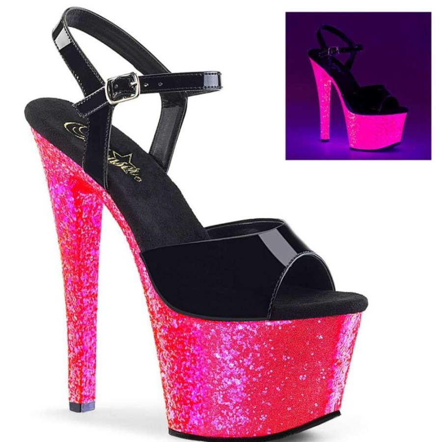 High Heels Pleaser | Pleaser Sky-309Uvlg Black Patent/Neon Hot Pink Glitter