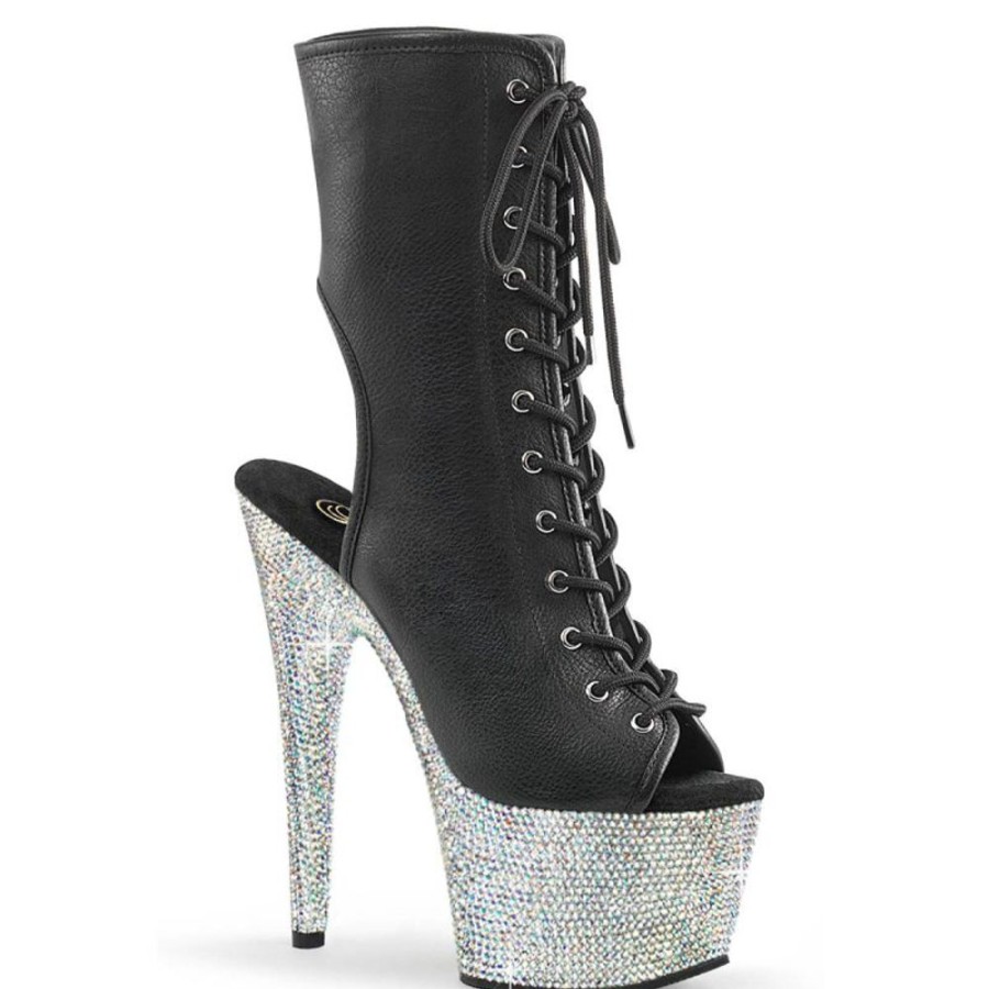 High Heels Pleaser | Pleaser Bejeweled-1016-7 Plateau Ankle Boots Faux Leather Rhinestones Black Silver