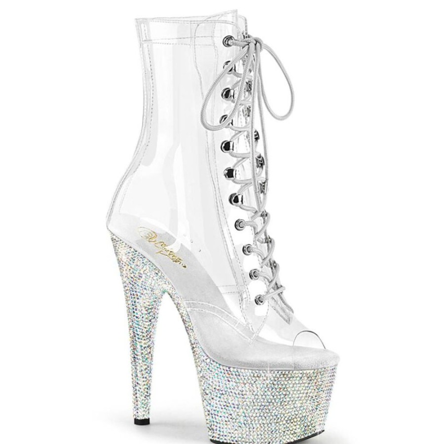 High Heels Pleaser | Pleaser Bejeweled-1021C-7 Plateau Ankle Boots Rhinestones Transparent Silver