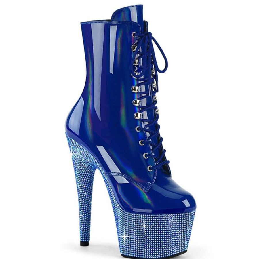 High Heels Pleaser | Pleaser Bejeweled-1020-7 Plateau Ankle Boots Holo Rhinestones Blue