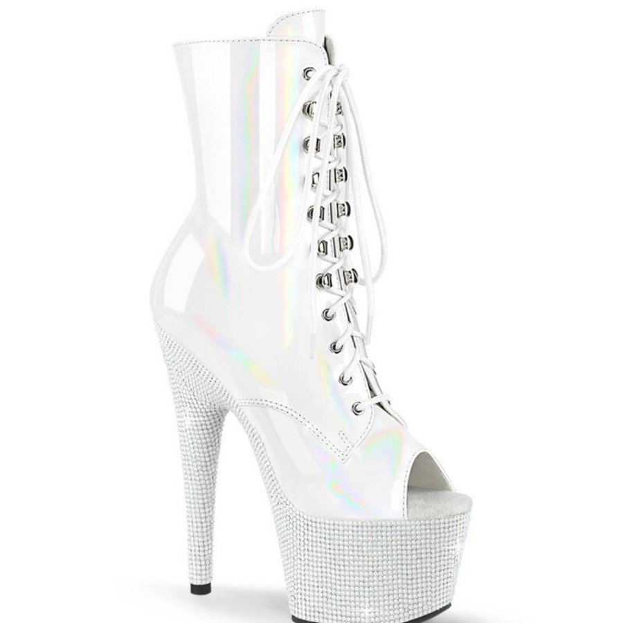 High Heels Pleaser | Pleaser Bejeweled-1021-7 Plateau Ankle Boots Holo Rhinestones White