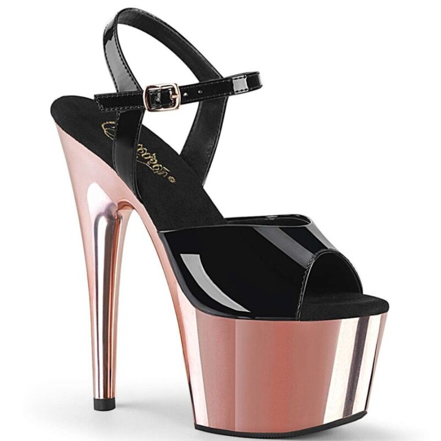 High Heels Pleaser | Pleaser Adore-709 Black Patent/Rose Gold Chrome