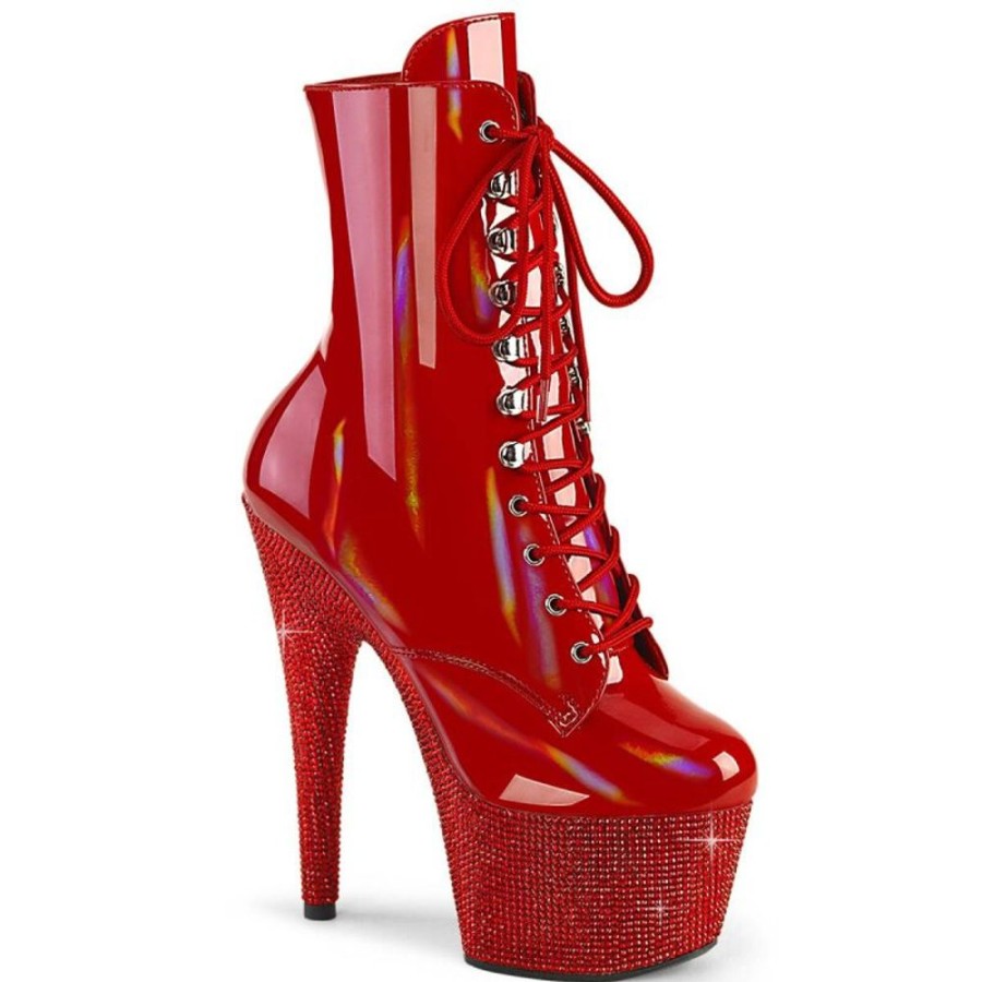 High Heels Pleaser | Pleaser Bejeweled-1020-7 Plateau Ankle Boots Holo Rhinestones Red