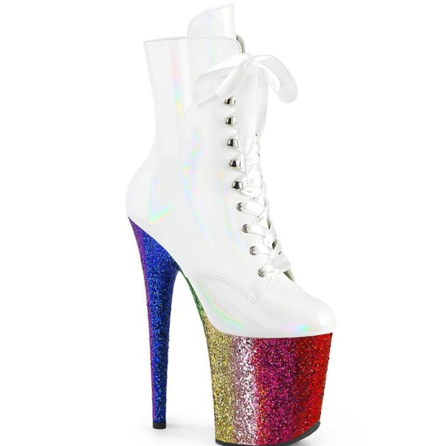 High Heels Pleaser | Pleaser Flamingo-1020Hg Plateau Ankle Boots Patent Glitter White Colorful