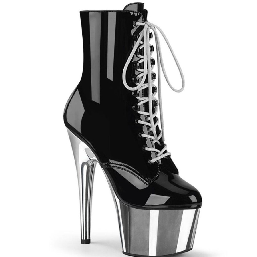 High Heels Pleaser | Pleaser Adore-1020 Plateau Ankle Boots Patent Chrome Black Silver