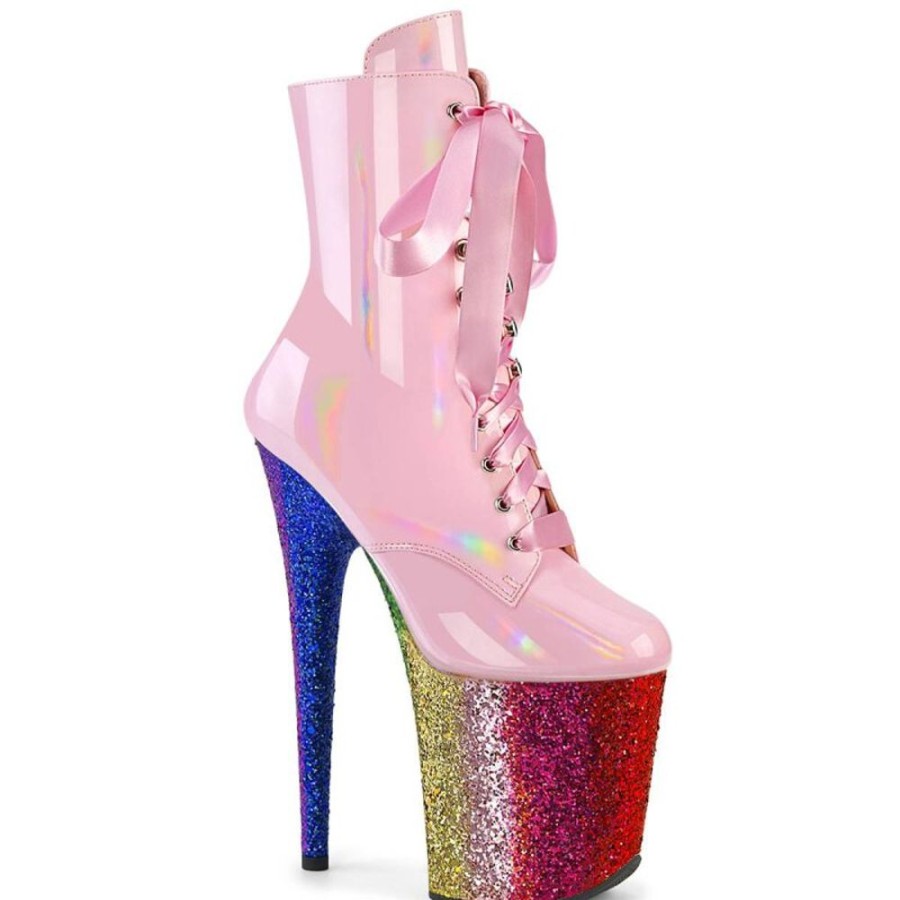 High Heels Pleaser | Pleaser Flamingo-1020Hg Plateau Ankle Boots Patent Glitter Light Pink Colorful