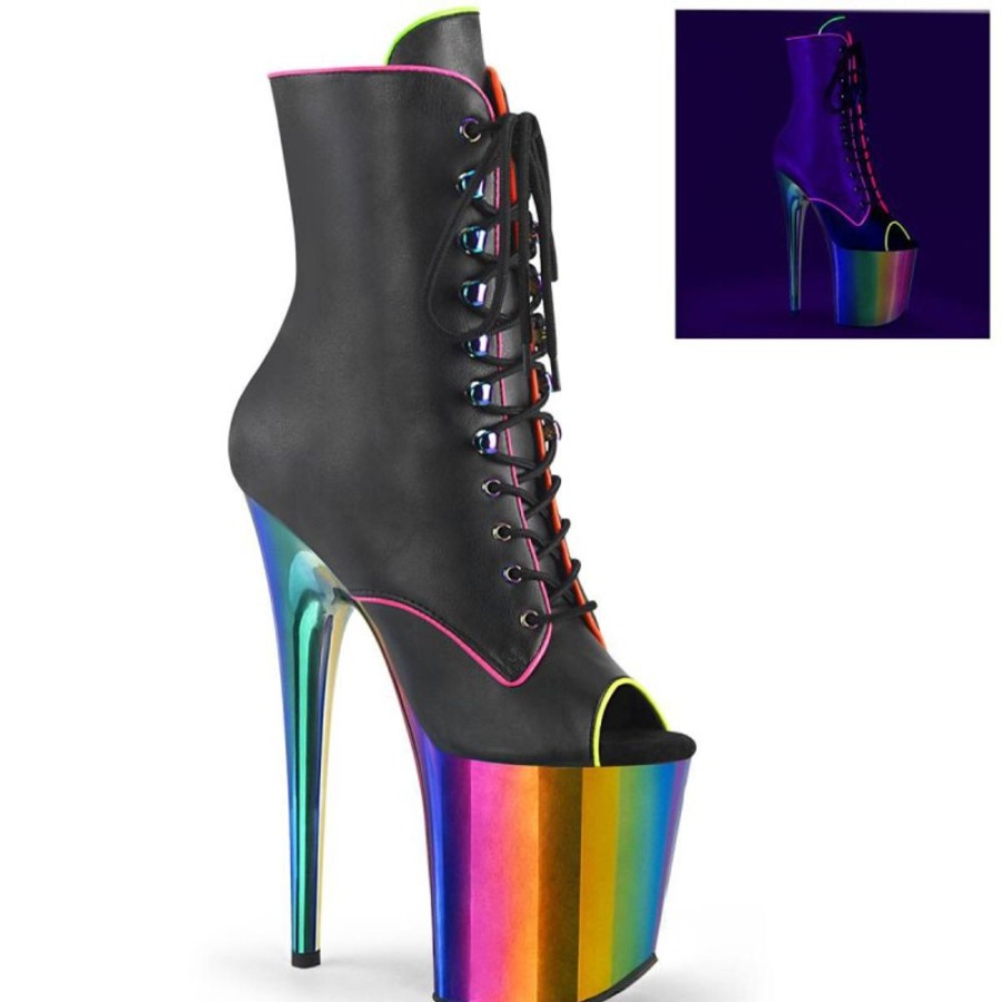 High Heels Pleaser | Pleaser Flamingo-1021Rc-02 Plateau Ankle Boots Leather Chrome Black Colorful