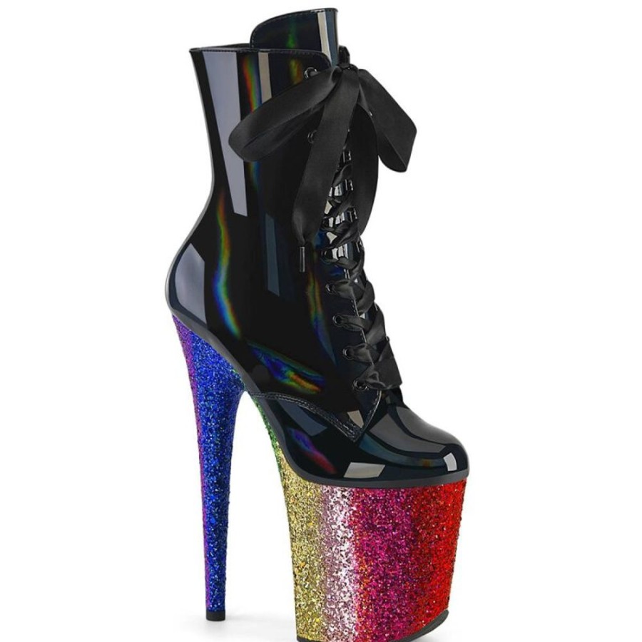 High Heels Pleaser | Pleaser Flamingo-1020Hg Plateau Ankle Boots Patent Glitter Black Colorful