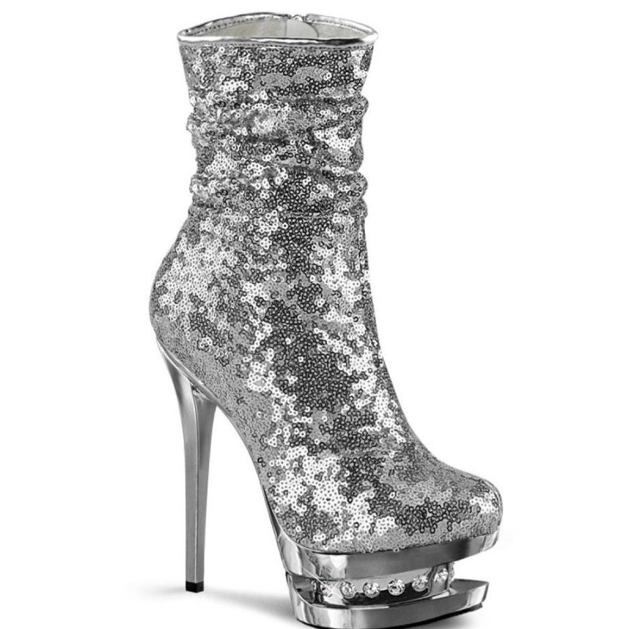 High Heels Pleaser | Pleaser Blondie-R-1009 Plateau Ankle Boots Sequins Chrome Silver