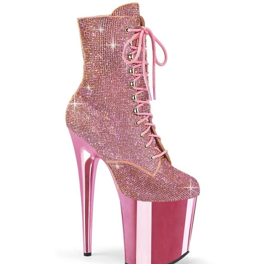 High Heels Pleaser | Pleaser Flamingo-1020Chrs Plateau Ankle Boots Rhinestones Chrome Light Pink