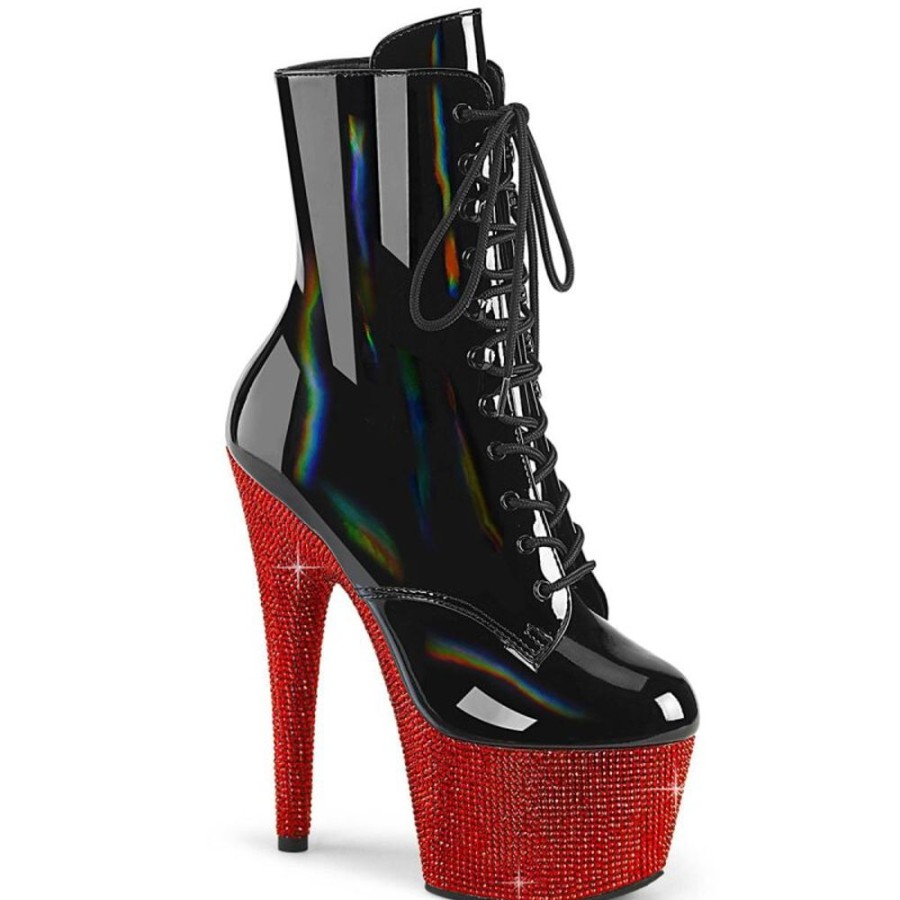 High Heels Pleaser | Pleaser Bejeweled-1020-7 Plateau Ankle Boots Holo Rhinestones Black Red