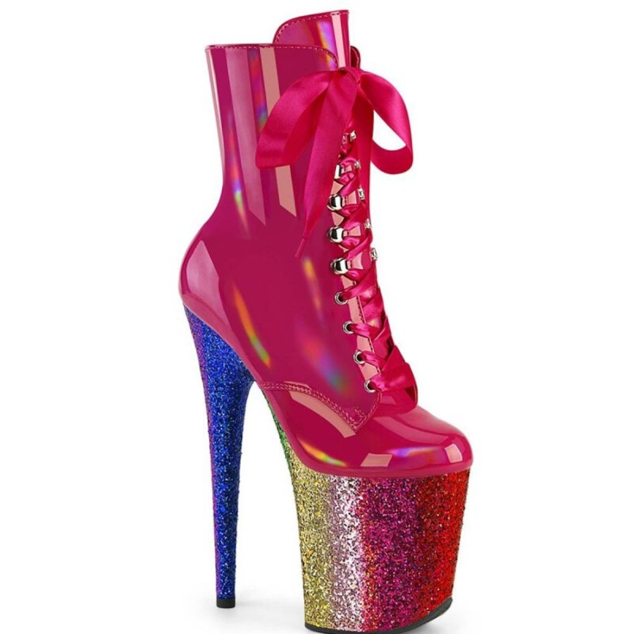 High Heels Pleaser | Pleaser Flamingo-1020Hg Plateau Ankle Boots Patent Glitter Pink Colorful