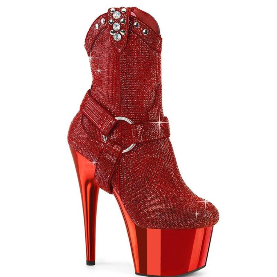 High Heels Pleaser | Pleaser Adore-1029Chrs Plateau Ankle Boots Rhinestones Chrome Red