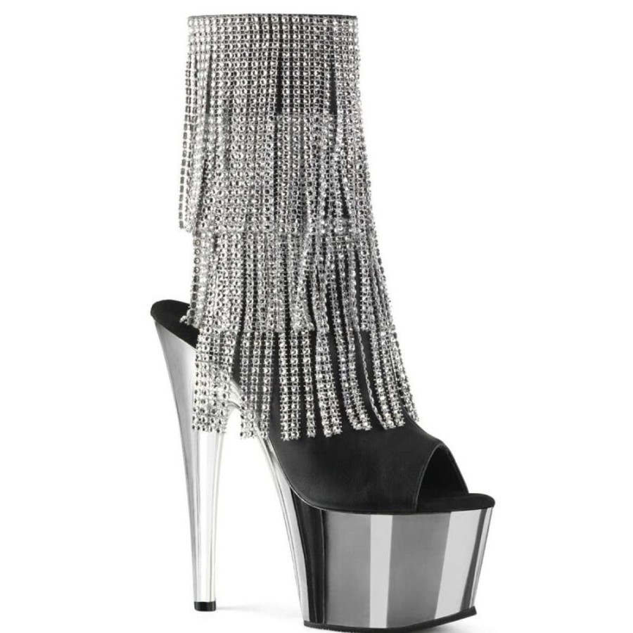 High Heels Pleaser | Pleaser Adore-1024Rsf Black Faux Leather-Silver/Silver Chrome