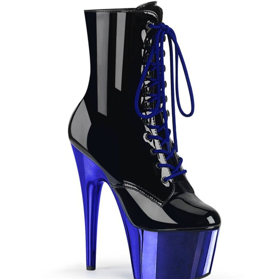 High Heels Pleaser | Pleaser Adore-1020 Plateau Ankle Boots Patent Chrome Black Blue