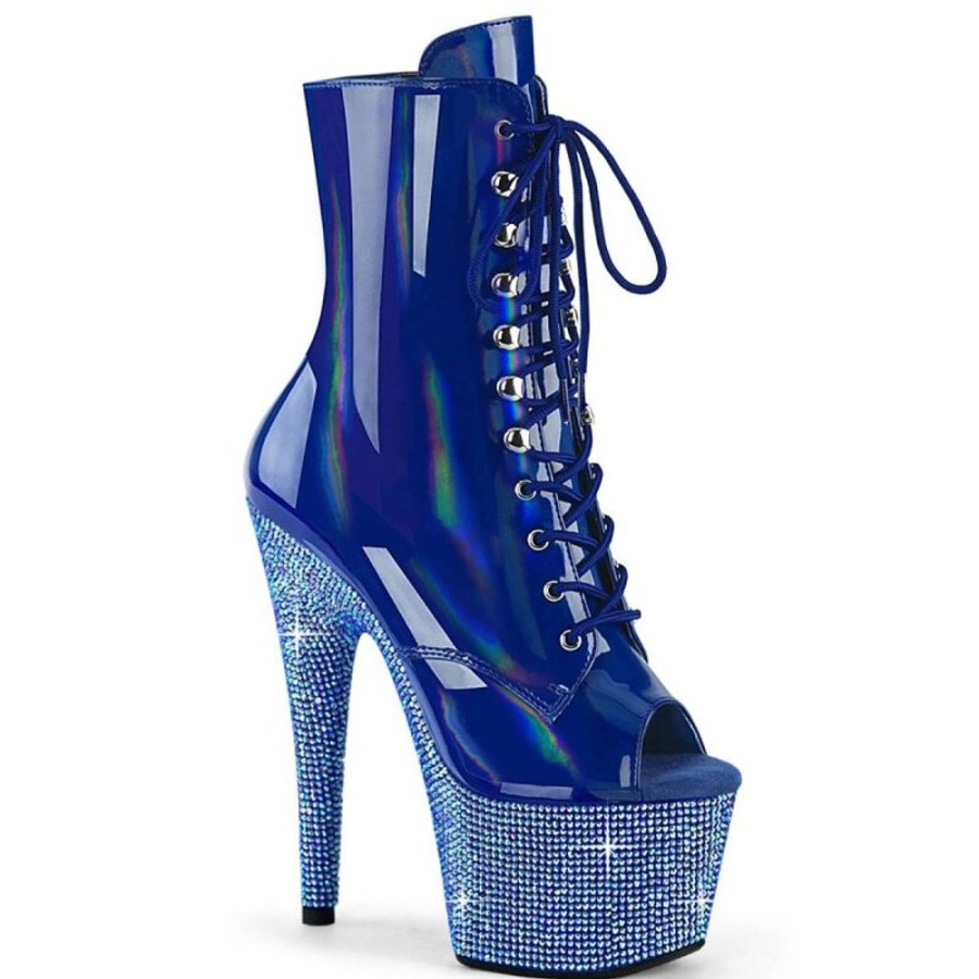 High Heels Pleaser | Pleaser Bejeweled-1021-7 Plateau Ankle Boots Holo Rhinestones Blue