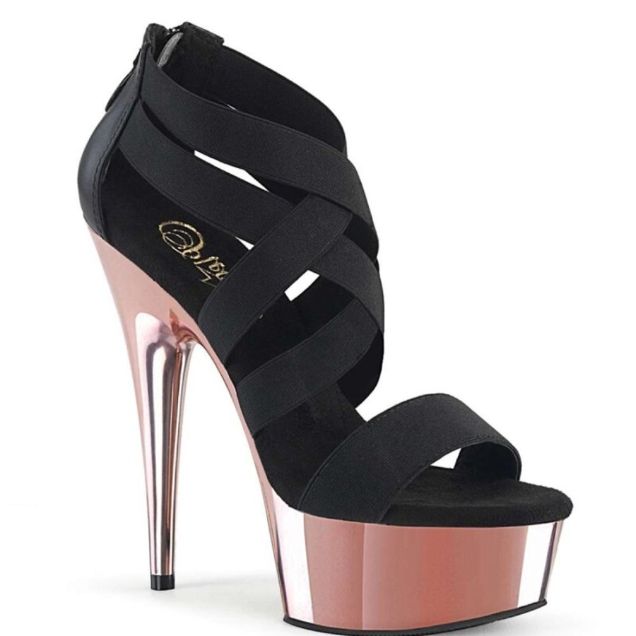 High Heels Pleaser | Pleaser Delight-669 Black Elastic Band-Faux Le/Rose Gold Chrome