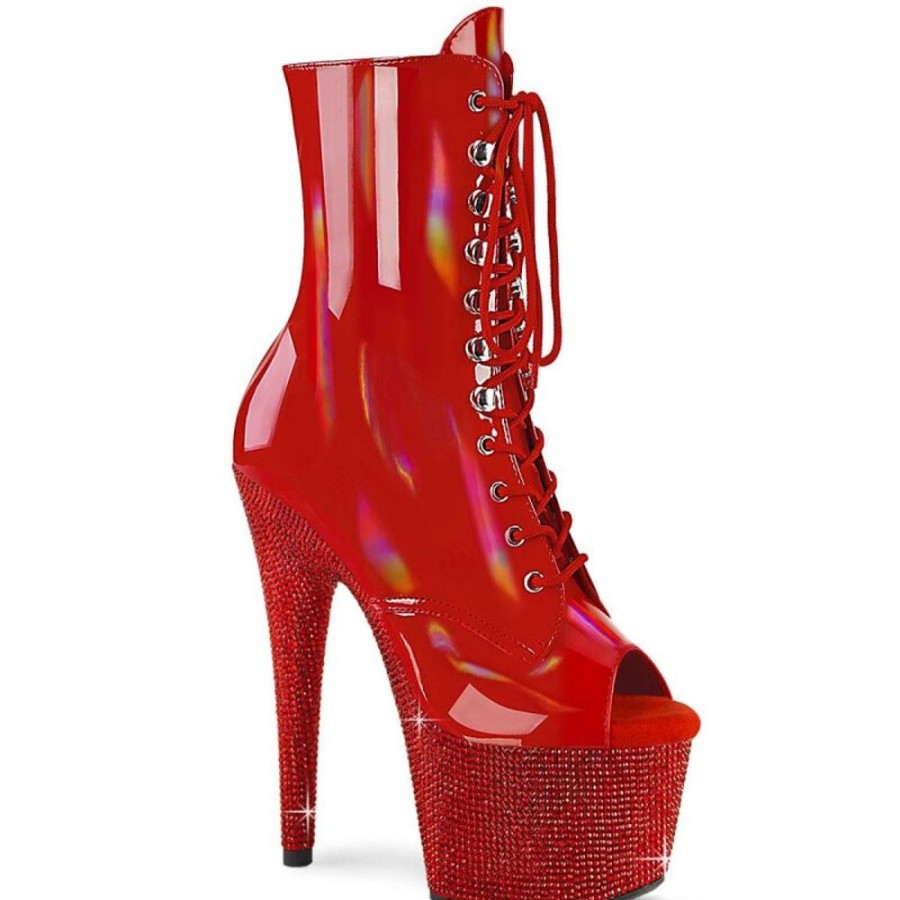 High Heels Pleaser | Pleaser Bejeweled-1021-7 Plateau Ankle Boots Holo Rhinestones Red