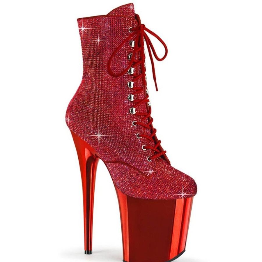 High Heels Pleaser | Pleaser Flamingo-1020Chrs Plateau Ankle Boots Rhinestones Chrome Red