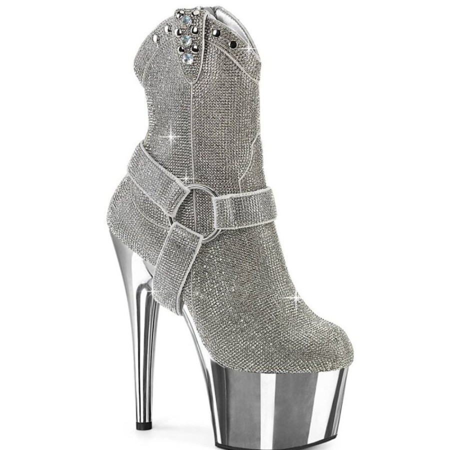 High Heels Pleaser | Pleaser Adore-1029Chrs Plateau Ankle Boots Rhinestones Chrome Silver