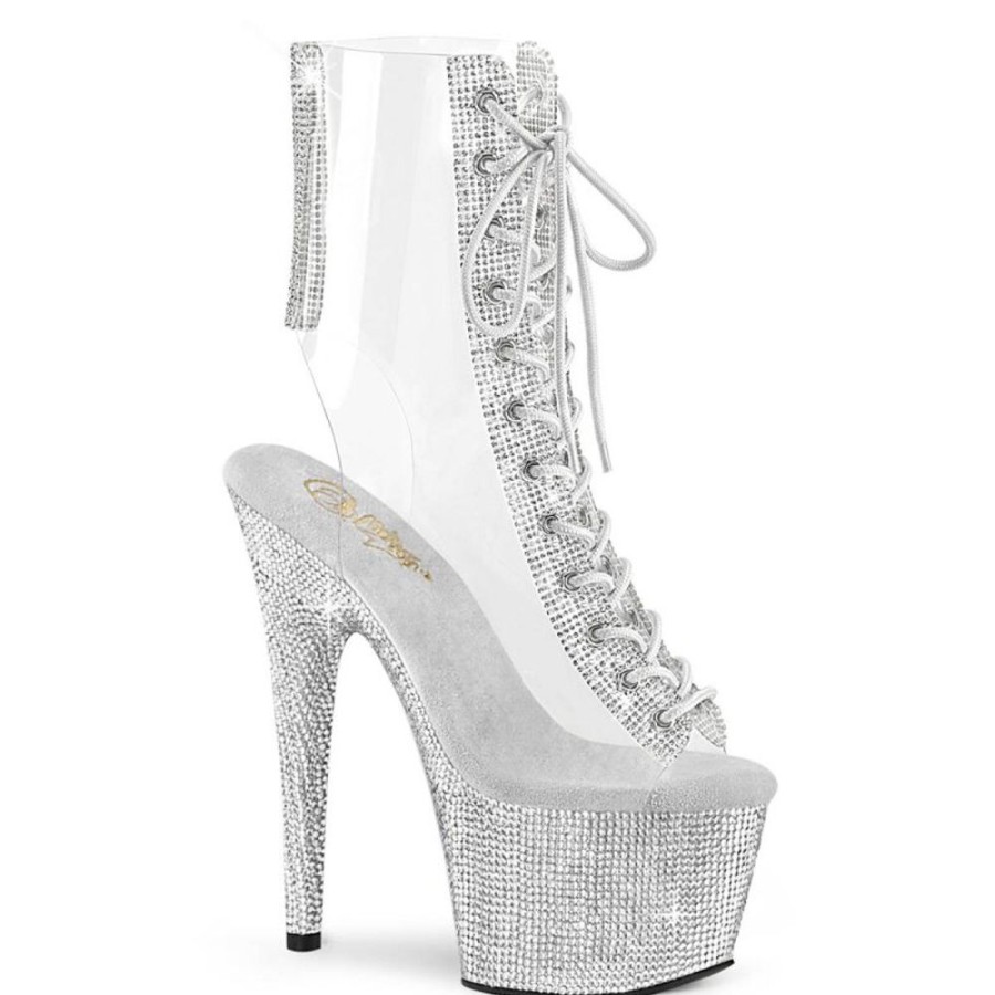 High Heels Pleaser | Pleaser Bejeweled-1016C-2-7 Plateau Ankle Boots Rhinestones Transparent Silver