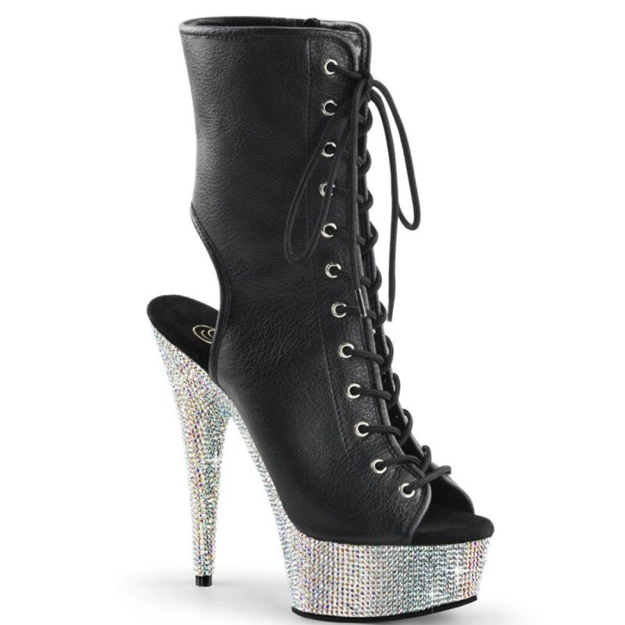 High Heels Pleaser | Pleaser Bejeweled-1016-6 Plateau Ankle Boots Faux Leather Rhinestones Black Silver