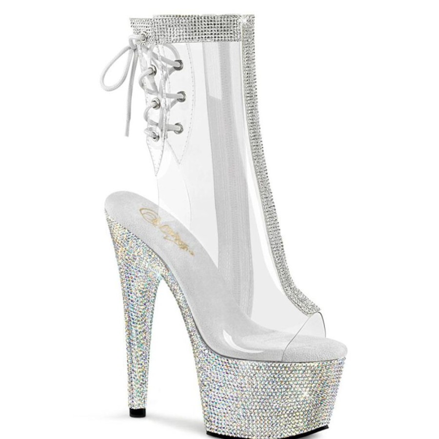 High Heels Pleaser | Pleaser Bejeweled-1018C-2Rs Plateau Ankle Boots Rhinestones Transparent Silver