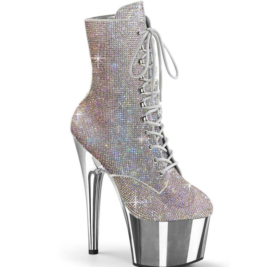 High Heels Pleaser | Pleaser Adore-1020Chrs Plateau Ankle Boots Multi Rhinestones Chrome Silver