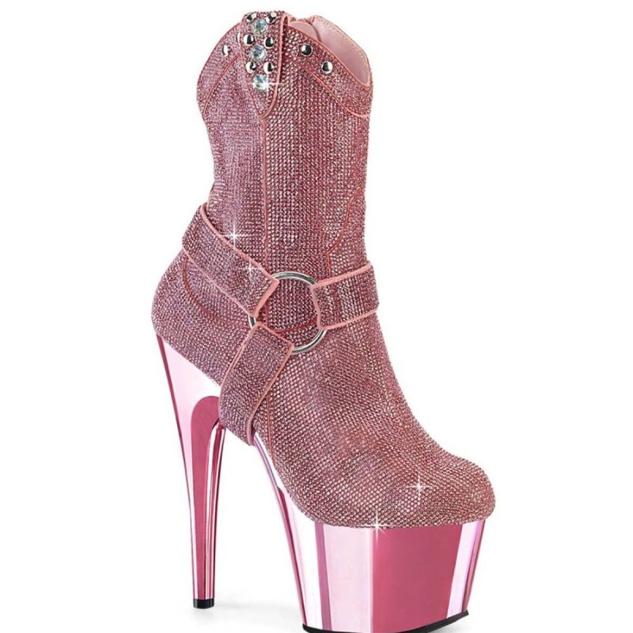 High Heels Pleaser | Pleaser Adore-1029Chrs Plateau Ankle Boots Rhinestones Chrome Light Pink