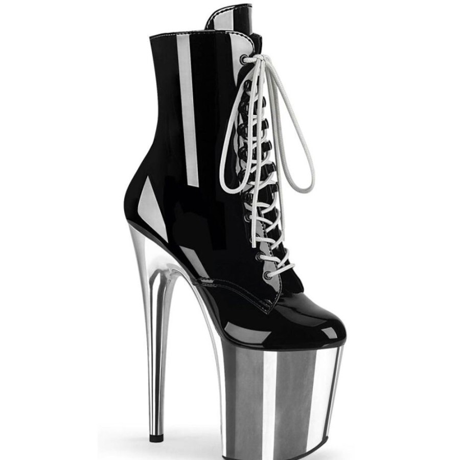 High Heels Pleaser | Pleaser Flamingo-1020 Plateau Ankle Boots Patent Chrome Black Silver