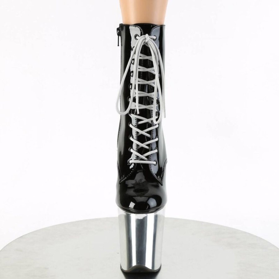 High Heels Pleaser | Pleaser Flamingo-1020 Plateau Ankle Boots Patent Chrome Black Silver