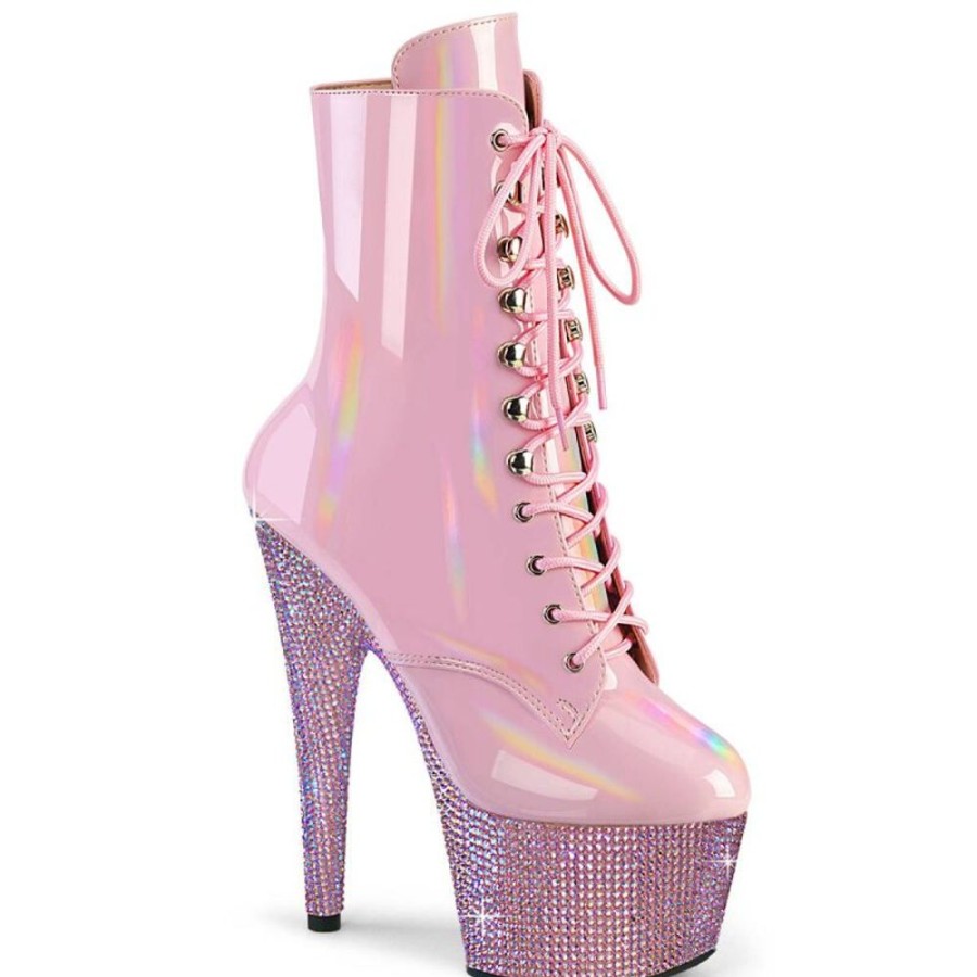 High Heels Pleaser | Pleaser Bejeweled-1020-7 Plateau Ankle Boots Holo Rhinestones Light Pink