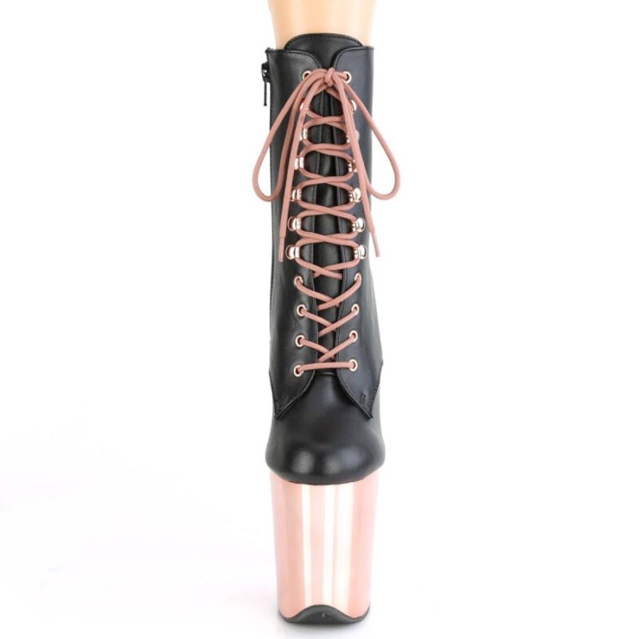 High Heels Pleaser | Pleaser Flamingo-1020 Plateau Ankle Boots Faux Leather Chrome Rose Gold Black