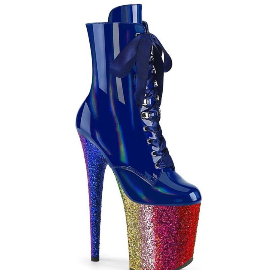 High Heels Pleaser | Pleaser Flamingo-1020Hg Plateau Ankle Boots Patent Glitter Blue Colorful