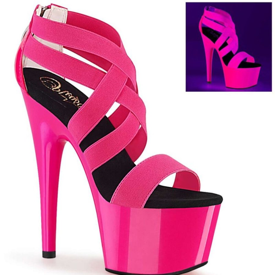 High Heels Pleaser | Pleaser Adore-769Uv Neon Hot Pink Elastic Band-Patent/Neon Hot Pink