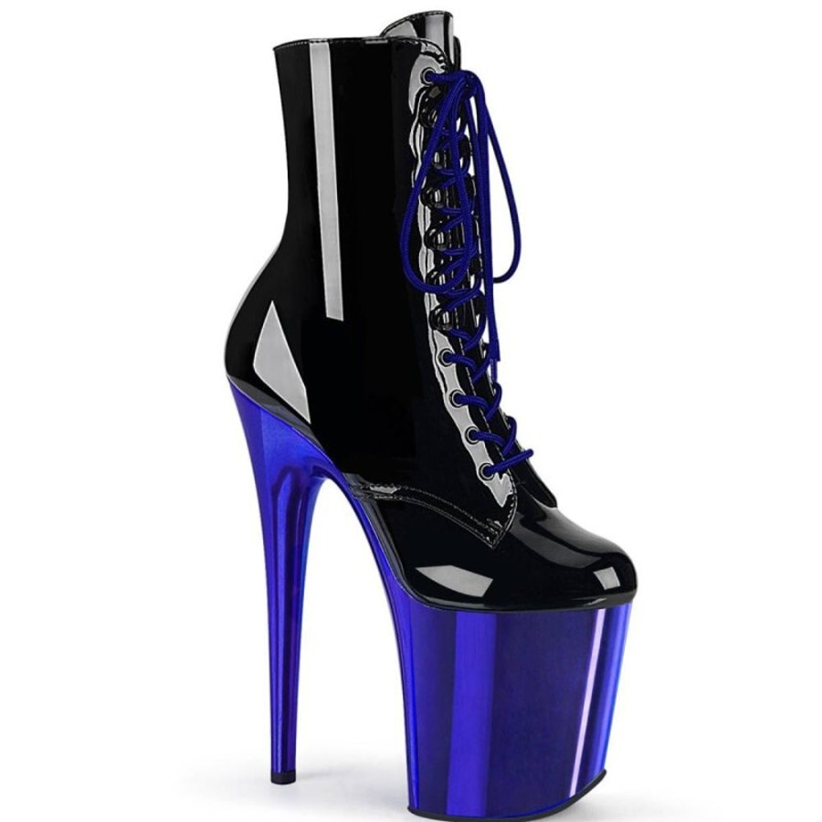 High Heels Pleaser | Pleaser Flamingo-1020 Plateau Ankle Boots Patent Chrome Black Blue