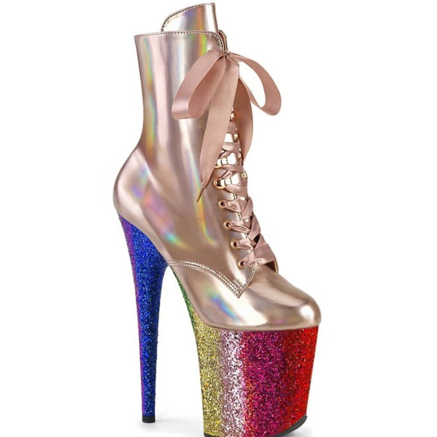 High Heels Pleaser | Pleaser Flamingo-1020Hg Plateau Ankle Boots Patent Glitter Rose Gold Colorful