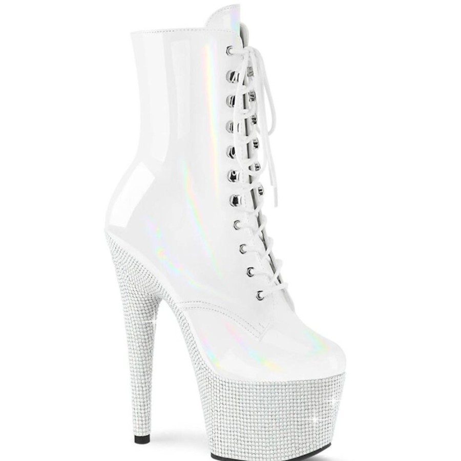 High Heels Pleaser | Pleaser Bejeweled-1020-7 Plateau Ankle Boots Holo Rhinestones White