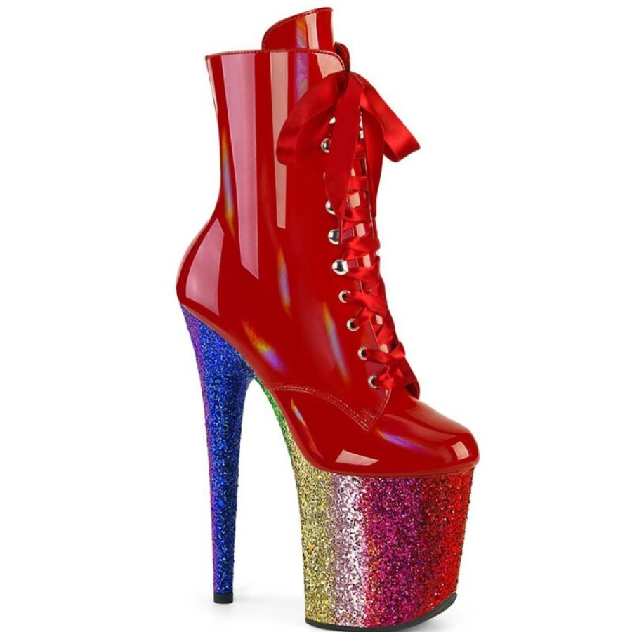 High Heels Pleaser | Pleaser Flamingo-1020Hg Plateau Ankle Boots Patent Glitter Red Colorful