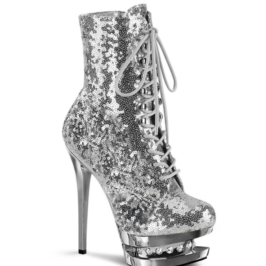 High Heels Pleaser | Pleaser Blondie-R-1020 Plateau Ankle Boots Sequins Chrome Silver