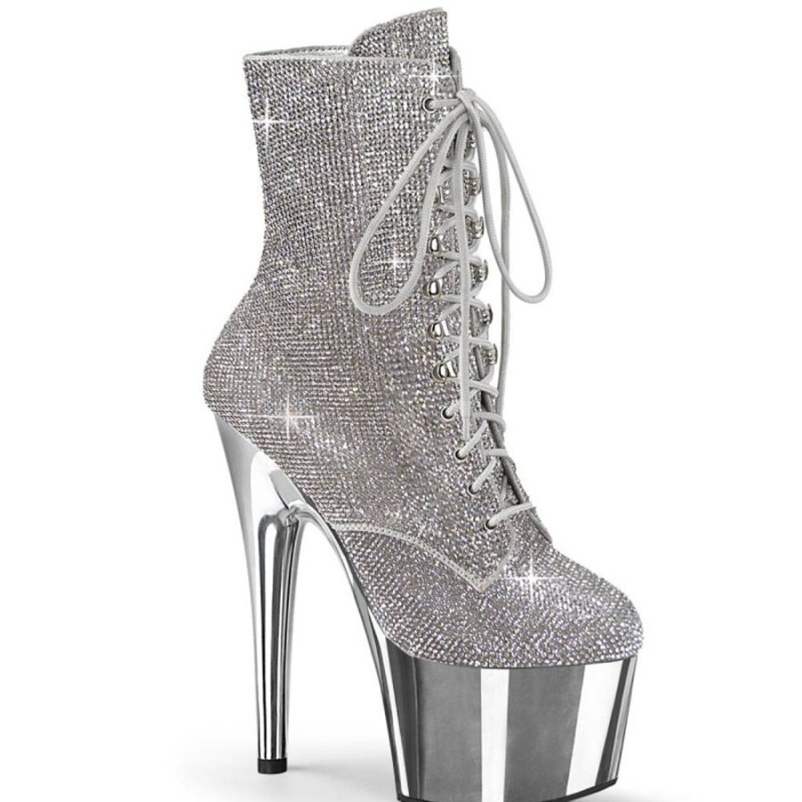 High Heels Pleaser | Pleaser Adore-1020Chrs Plateau Ankle Boots Rhinestones Chrome Silver