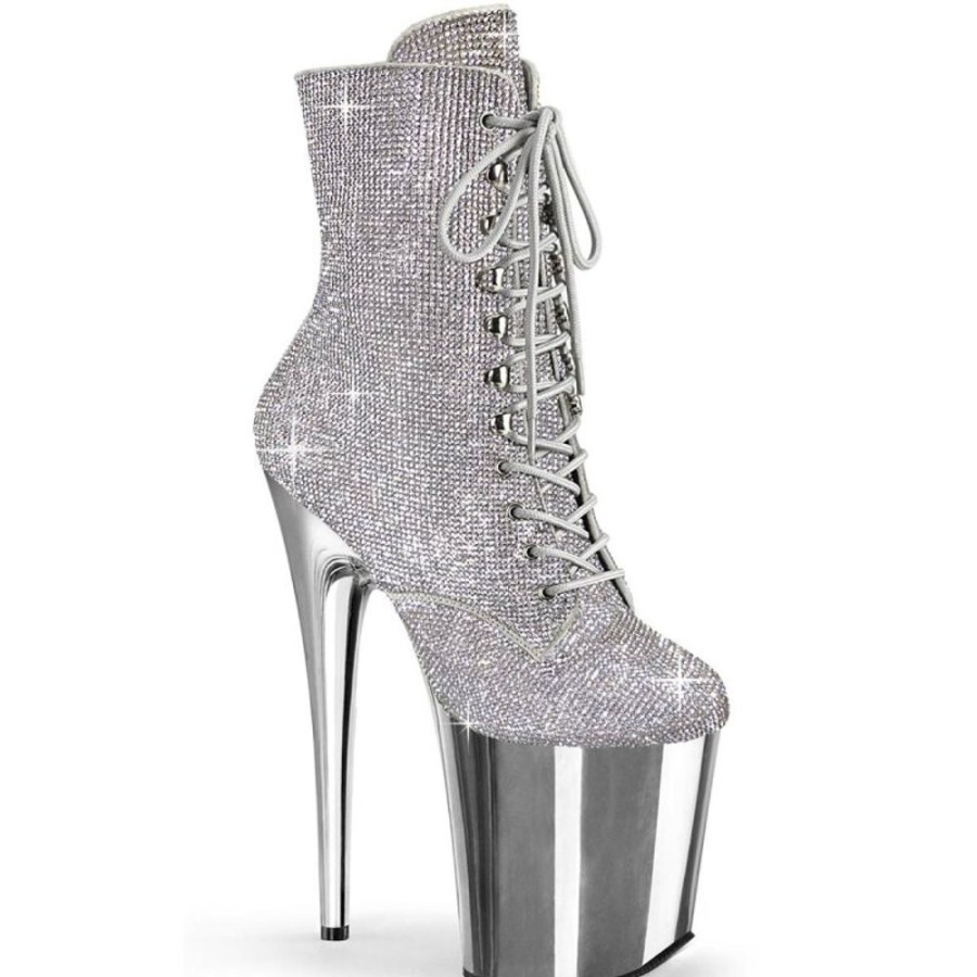 High Heels Pleaser | Pleaser Flamingo-1020Chrs Plateau Ankle Boots Rhinestones Chrome Silver