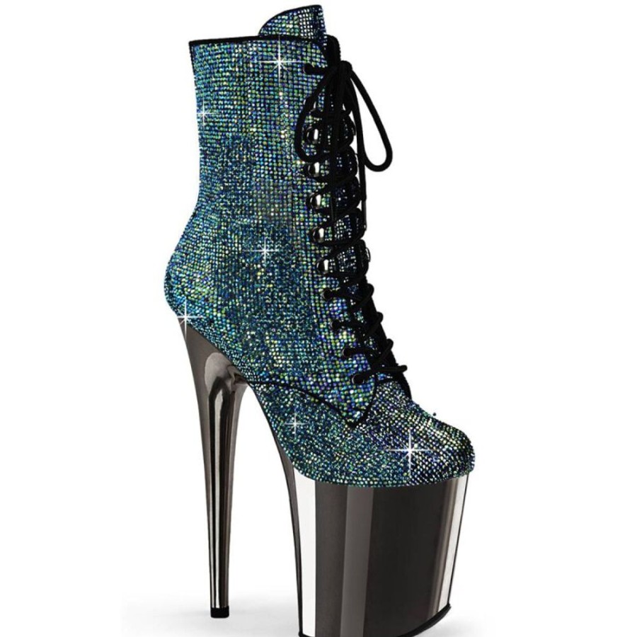 High Heels Pleaser | Pleaser Flamingo-1020Chrs Plateau Ankle Boots Rhinestones Chrome Turquoise