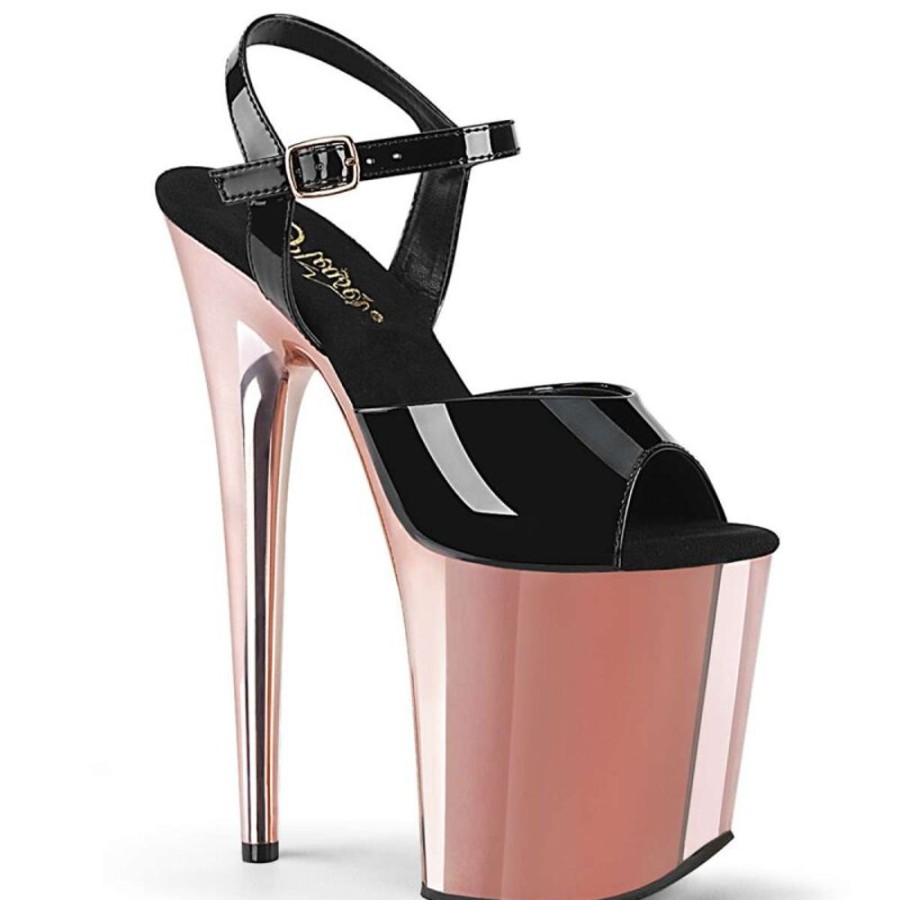 High Heels Pleaser | Pleaser Flamingo-809 Black Patent/Rose Gold Chrome